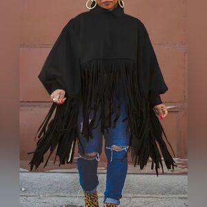 🖤Faux Suede Fringe Poncho Top – New Without Tags 🖤